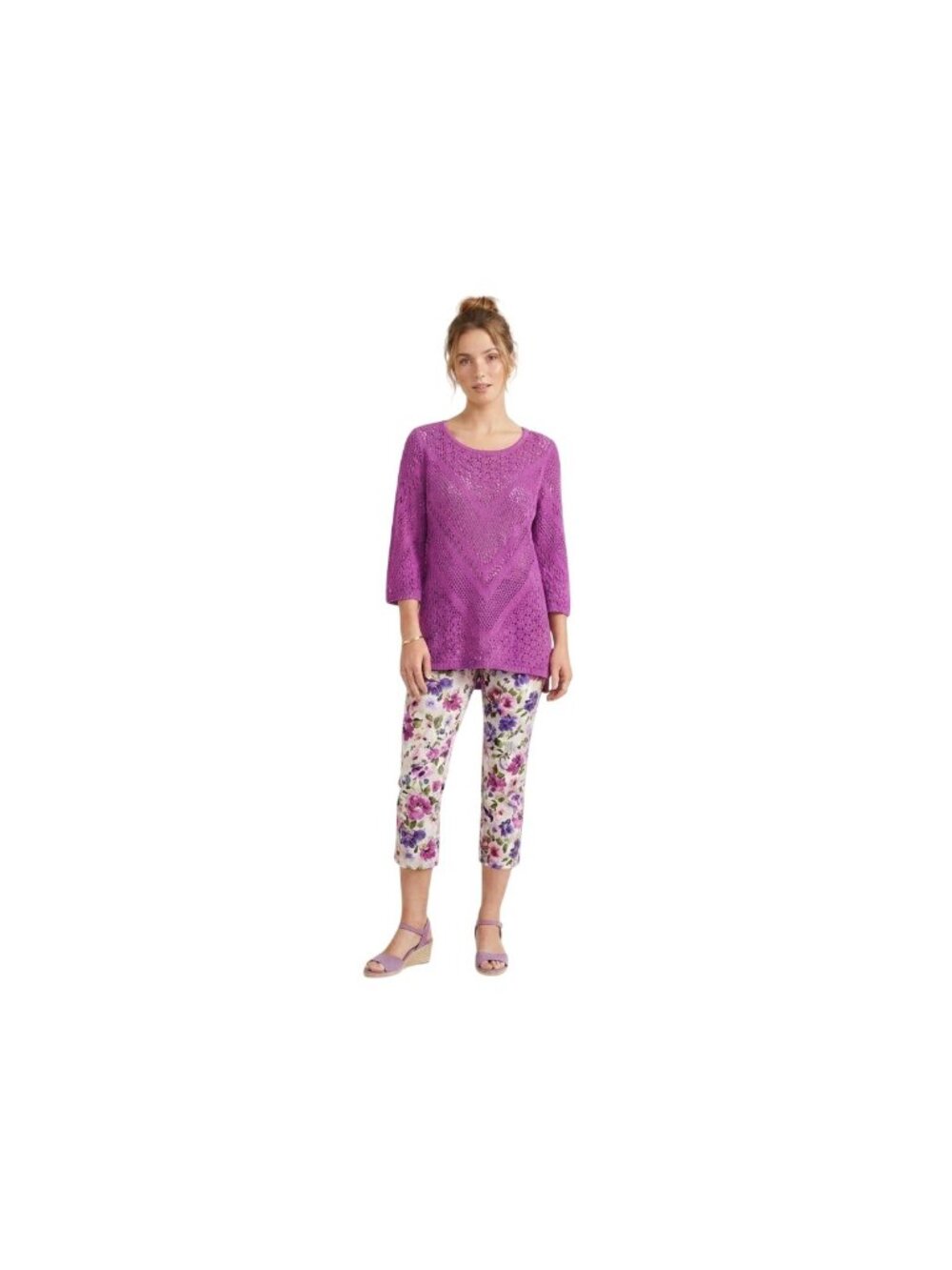 Chicos Sweater Tunic Sz 1 Med Fuschia Magenta Open Knit 3/4 Sleeve Round Neck